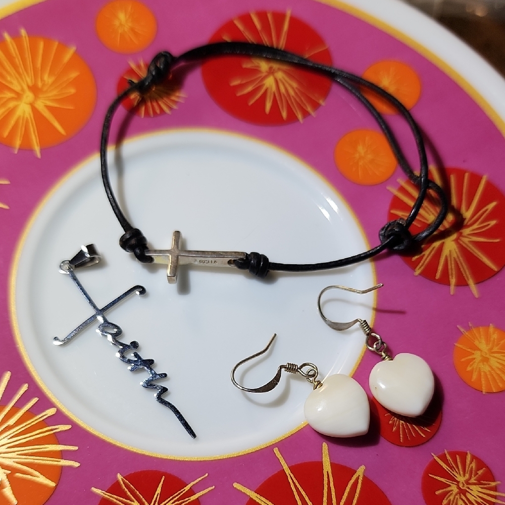Black and Silver Minimalist Bracelet with Cross Charm, Earrings Pendant